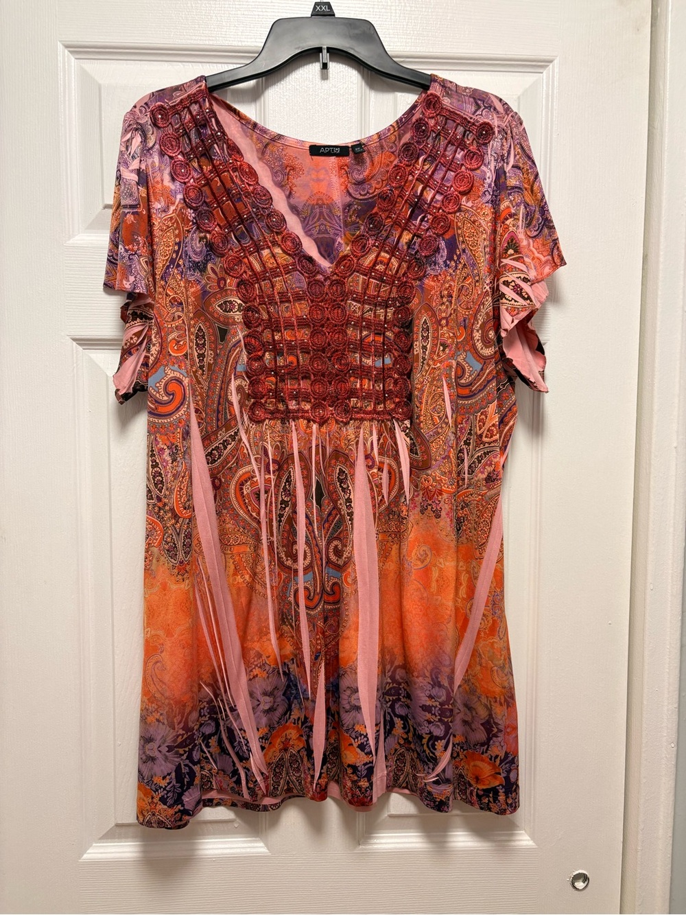 Apt. 9 Pink Orange Purple Paisley V-Neck Embellished Tunic